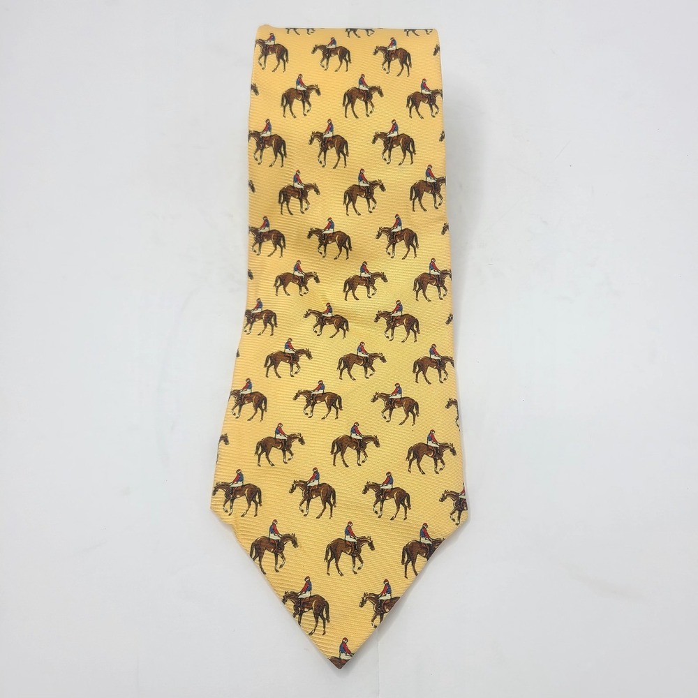 Vintage Lauren Ralph Lauren Silk Tie Yellow Equestrian Horse Jockey Derby USA